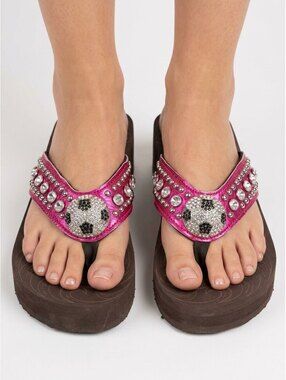 Women's Size 10 Pink Embellished Soccer Ball Flip Flop Sandals